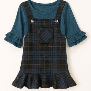 BONNIE JEAN navy blue & mustard plaid 2 piece dress with ruffle hem